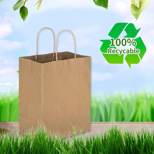 Vista 8 de Toovip Cada paquete de 100 bolsas de papel kraft marrón y negro mediano con asas a granel