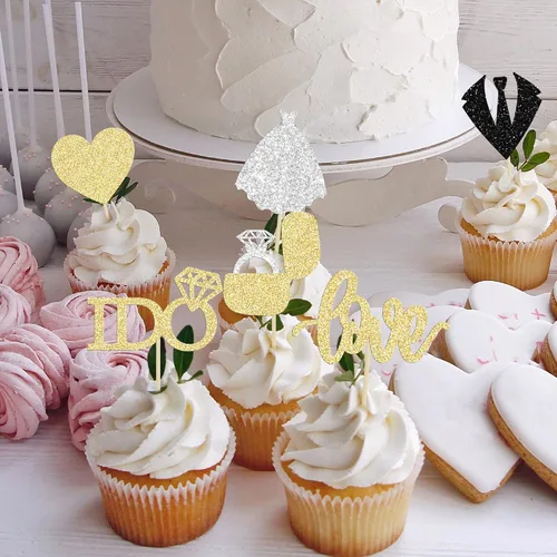 Vista 4 de 24 adornos para cupcakes de boda con texto en inglés «Love I Do» para decorar cupcakes, anillo de corazón, decoración para despedidas de soltera