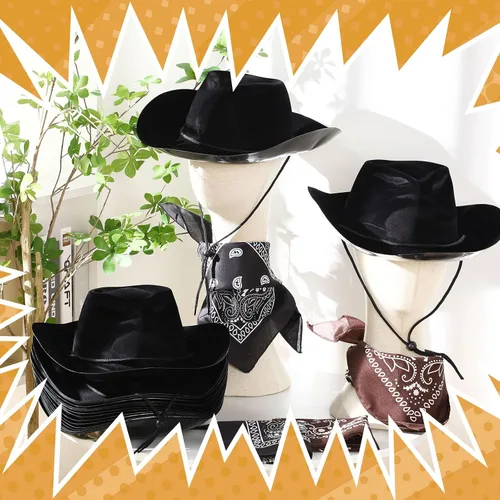 Vista 4 de Hillban Paquete de 48 sombreros de vaquero y bandanas, sombreros de vaquero de plástico de fieltro para mujeres y hombres, suministros de fiesta