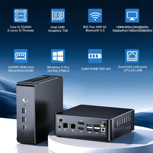 Vista 3 de Mini PC, computadora de escritorio con Core i5-12450H, 8 núcleos hasta 4.4 GHz, Win-11 Pro, 32G DDR5, 1T M.2 PCIE4.0 SSD, pantalla triple Core