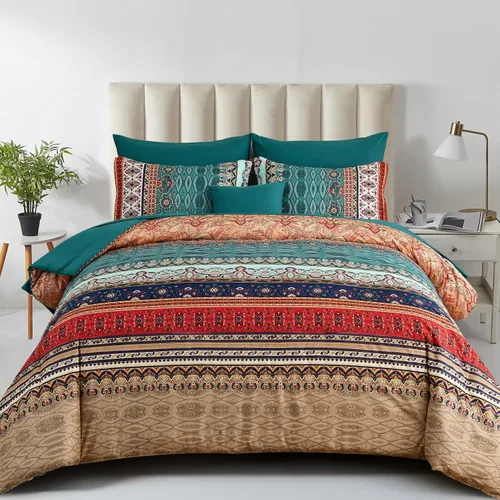 Vista 40 de Cottolester - Juego de edredón bohemio de tamaño matrimonial, 8 piezas, ropa de cama de microfibra suave en una bolsa, rayada y de color aguamarina
