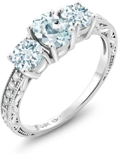 Vista 31 de Gem Stone King Anillo de compromiso de 3 piedras preciosas de oro blanco de 10 quilates con piedra natal y diamantes cultivados en laboratorio