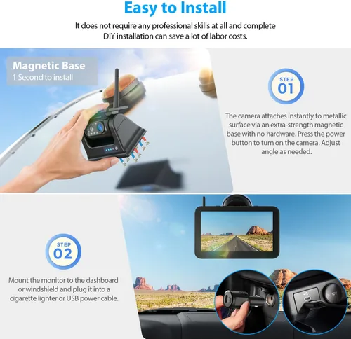 Vista 4 de ZEROXCLUB Cámara de respaldo inalámbrica solar magnética 1080P 7 pulgadas, monitor DVR recargable, sistema inalámbrico para enganche, remolque