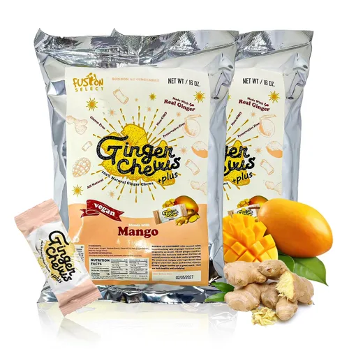 Vista 8 de Fusion Select Ginger Chews - Delicias dulces y confitadas suaves de Indonesia - Promueven el alivio de las náuseas matutinas, malestar estomacal
