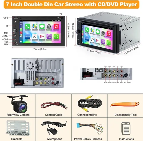 Vista 8 de Adapter-Universe - Estéreo de auto de doble DIN con Carplay y Android Auto, radio de coche de 7 pulgadas con reproductor de CD/DVD compatible