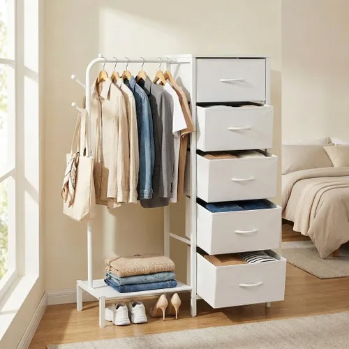 Vista 6 de Snughome Cómoda con estante para colgar, perchero para colgar ropa con 5 cajones, cómoda blanca con perchero, cómoda de almacenamiento de tela