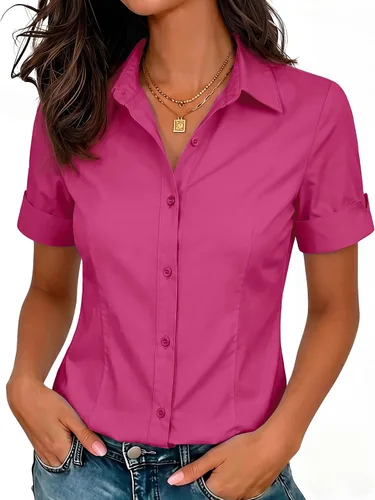 Vista 9 de siliteelon Camisas de vestir de manga corta con botones para mujer, camisas de algodón con botones para mujer, blusa ajustada de manga 3/4 Beige