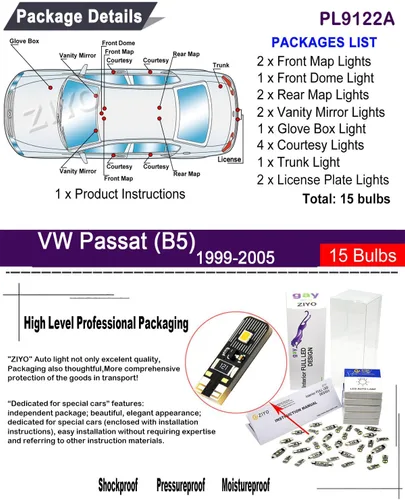 Vista 2 de Repuesto PL9122A para Volkswagen Passat B5 1999-2005 Kit de luces LED para interiores, 6000 K bombillas LED blancas de cúpula de accesorios