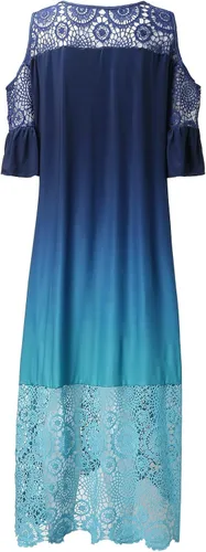 Vista 7 de Vestido casual de encaje con cuello redondo y degradado para mujer, talla grande, manga corta, costuras de encaje irregulares, vestidos largos