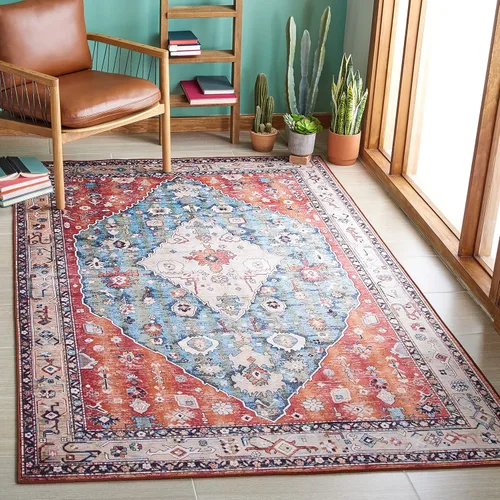 Vista 8 de SAFAVIEH Alfombra lavable Tucson Collection - 2 pies 6 pulgadas x 4 pies, beige y azul, antideslizante y fácil de limpiar, ideal para sala de estar