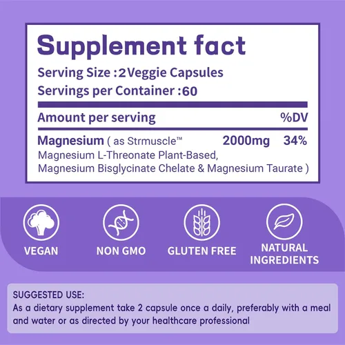 Vista 6 de Suplemento de L-treonato de magnesio para insomnes: fórmula para dormir 2000 mg - Neuro Health Support 120 Cápsulas