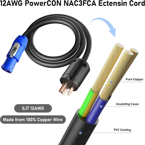 Vista 5 de Cable PowerCON de 12 AWG, conector NEMA 5-15p a PowerCON, cable de alimentación de CA PowerCON de 3 pines, entrada PowerCon, conector macho, cable