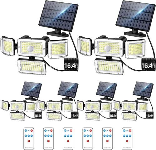 Vista 11 de CLAONER Luces solares para exteriores, sensor de movimiento, 3500 lm, 288 luces LED de seguridad con control remoto, IP67, impermeable, 4 cabezales
