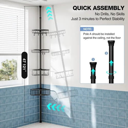 Vista 2 de Organizador de Ducha de Esquina con Barra de Tensión: Organizador de Ducha de 4 Niveles de Acero Inoxidable a Prueba de Óxido - Estantes de Baño
