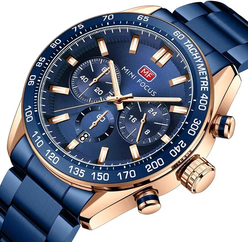 Vista 2 de Mens Watches Chronograph Analog Quartz Business Dress Stainless Steel Casual Blue Wrist Watch Date Waterproof Reloj De Hombre Luminous Multifunction