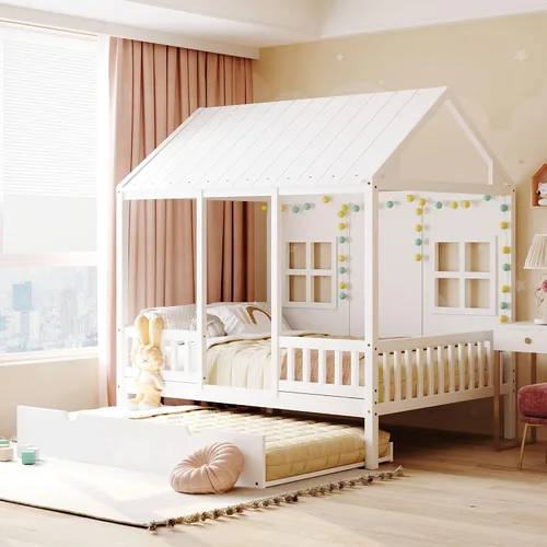 Vista 9 de Harper & Bright Designs Cama de casa de tamaño individual con cama nido de tamaño individual, sofá cama de madera, cama de plataforma con techo