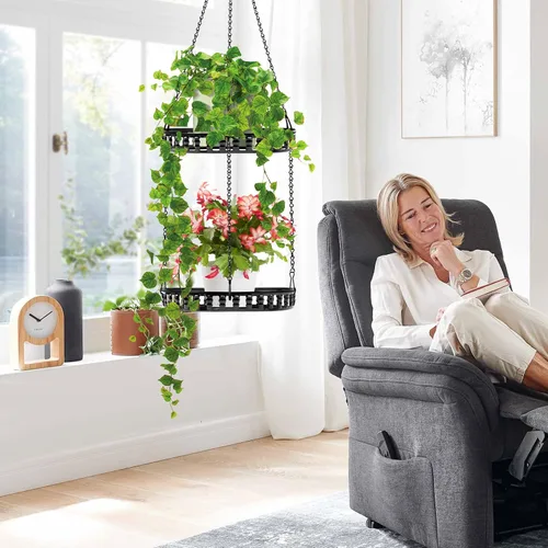 Vista 6 de Soporte para plantas colgantes para interior y exterior, estante para plantas colgantes de 2 niveles, soporte para plantas colgantes de metal
