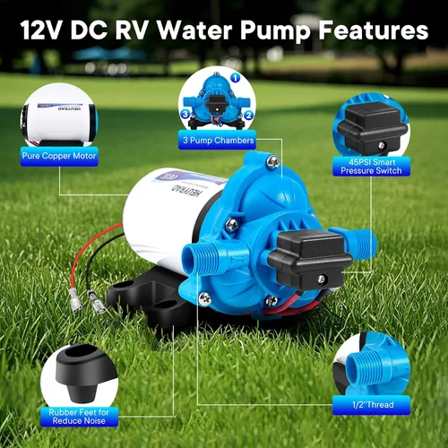 Vista 3 de Heuyrao Bomba de agua para caravana de 12 V CC, silenciosa, 4.0 GPM 45 PSI, diafragma autocebante de 3 cámaras, bomba de presión de agua dulce