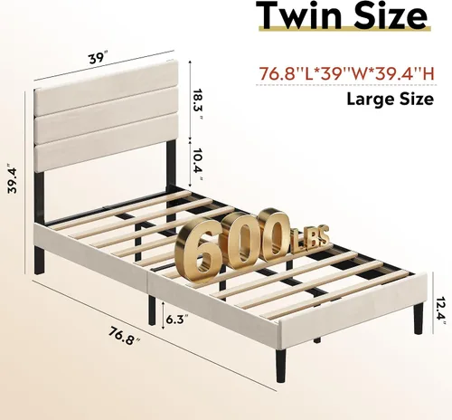 Vista 2 de WLIVE Base de cama tapizada, marcos de cama individual con cabecero, cama de plataforma con listones de madera, base de colchón de 600 libras,