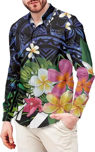 Vista 15 de Camisetas polinesias de manga larga para hombre para hombre, diseño floral de plantas tropicales, camisa con botones en la parte superior