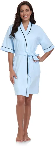 Vista 33 de COLORFULLEAF Bata de baño de manga corta para mujer, 100% algodón, longitud hasta la rodilla, con bolsillos