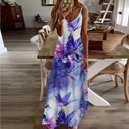 Vista 2 de Vestido de verano bohemio para mujer, vestidos con cuello en V con vuelo, sexy, floral, vestidos de playa vintage, vestido largo