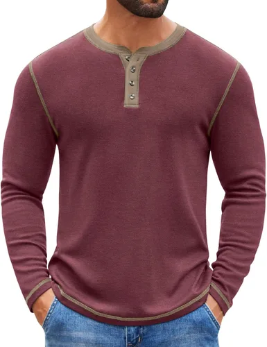 Vista 9 de COOFANDY - Camisetas Henley para hombre, manga larga, con botones, estilo casual, de pullover, suaves, elásticas, tops de camiseta