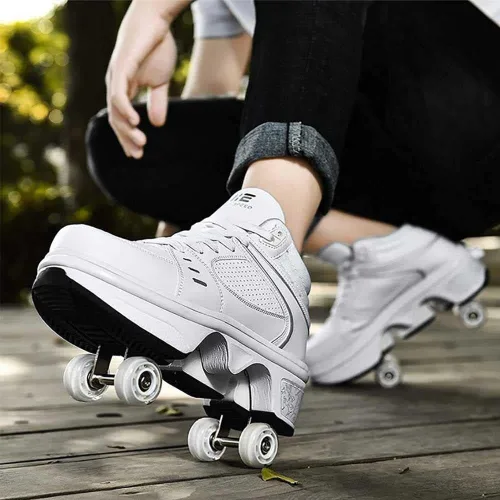 Vista 8 de Patines de ruedas para mujeres y hombres al aire libre, zapatos de parkour 2 en 1 con ruedas para niñas/niños, zapatos retráctiles de doble fila