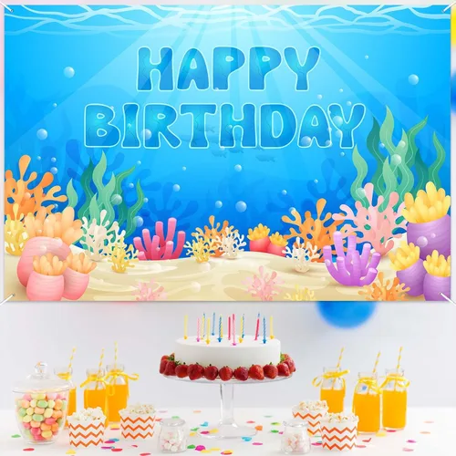 Vista 6 de Cartel de feliz cumpleaños bajo el mar, telón de fondo de animales del océano bajo el mar, decoración temática para niños y niñas, fiesta de primer
