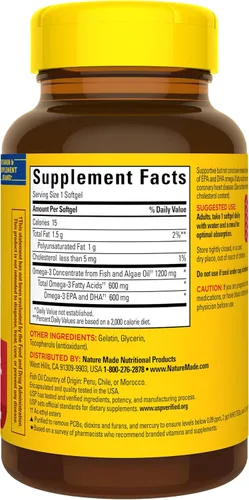 Vista 8 de Nature Made - Suplementos de Aceite de Pescado Omega 3 y Aceite de Algas, 1200 mg, Suplemento de Omega 3 para el Corazón, el Cerebro y los Ojos, Uno