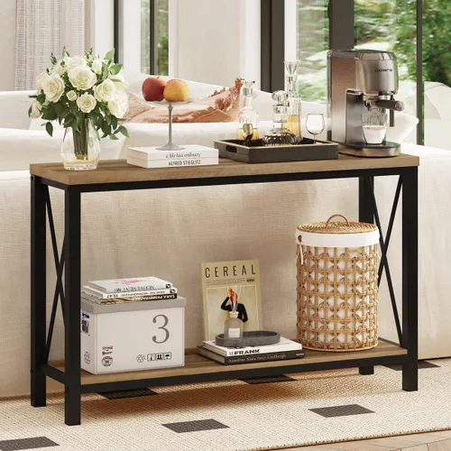 Vista 16 de Mesa de consola rústica detrás del sofá, mesa industrial de entrada con estantes, mesas de sofá de 3 niveles estilo granja para sala de estar, Roble