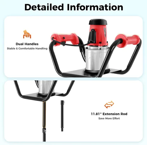 Vista 7 de Excavadora eléctrica de agujeros para postes de 1500 W con broca de taladro de 6 pulgadas, taladro de tierra de 1.6 HP para postes de valla