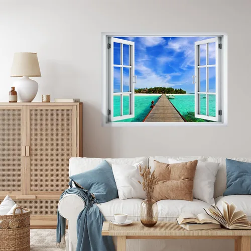 Vista 19 de wall26 Adhesivo decorativo para pared, loros verdes sentados en la rama afuera, ventana abierta, no se pega ni se pega, papel tapiz no tejido