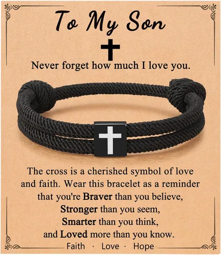 Vista 9 de UNGENT THEM Pulsera de cuerda trenzada con cruz para hombres y niños, Navidad, San Valentín, graduación, Pascua, regalos de bautismo cristiano