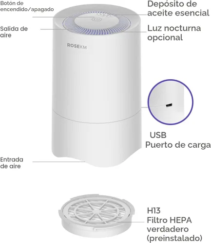 Vista 7 de Rosekm Purificador de aire pequeño para el dormitorio del hogar, mini purificador de aire de escritorio personal, purificador de aire HEPA