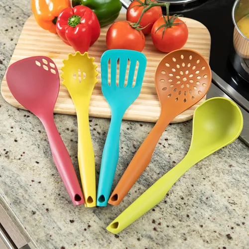 Vista 5 de Tomato Kitchenware Nylon Kitchen Utensil Set Tools - Solid Spatula, Slotted Spatula, Soup Ladle, Slotted Ladle, Spaghetti Spoon - Safe for Non-Stick