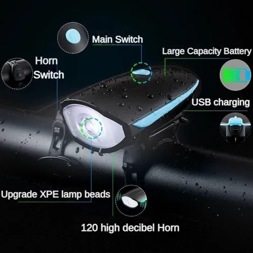 Vista 8 de Luces de bicicleta con juego de bocina USB recargable accesorios de bicicleta para niños adultos impermeable IPX5