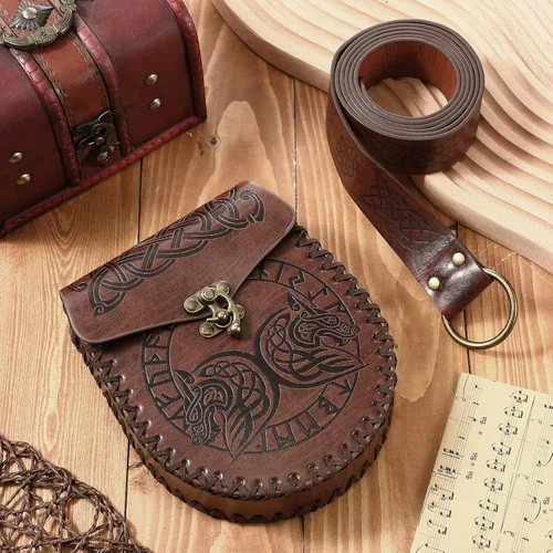 Vista 3 de Cinturón vikingo medieval de cuero para cinturón de piel sintética para bolsa medieval retro, accesorios renacentistas