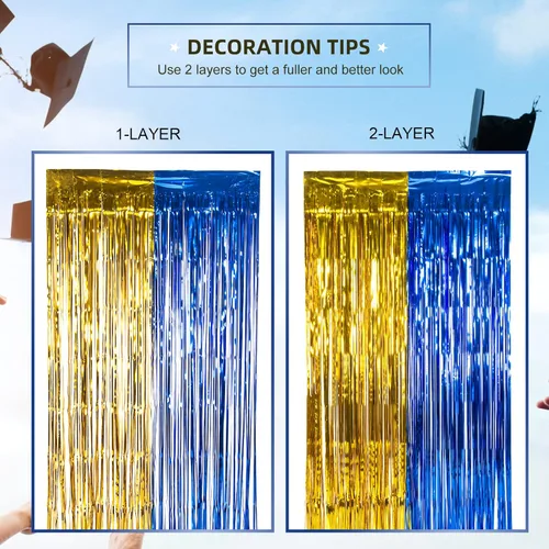 Vista 4 de LOLStar Paquete de 2 decoraciones de fiesta de graduación azul y dorado 2025, cortinas de flecos de aluminio de 3.3 x 6.6 pies, telón de fondo