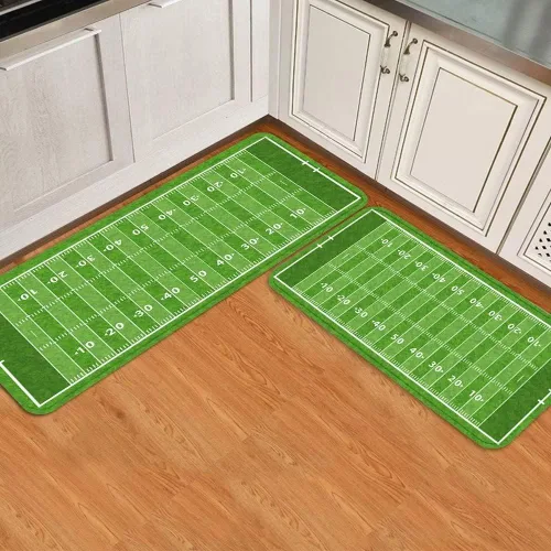 Vista 2 de Juego de 2 alfombras de cocina de fútbol americano para el campo de fútbol americano, césped verde, juego de competición por equipo, tapete cómodo