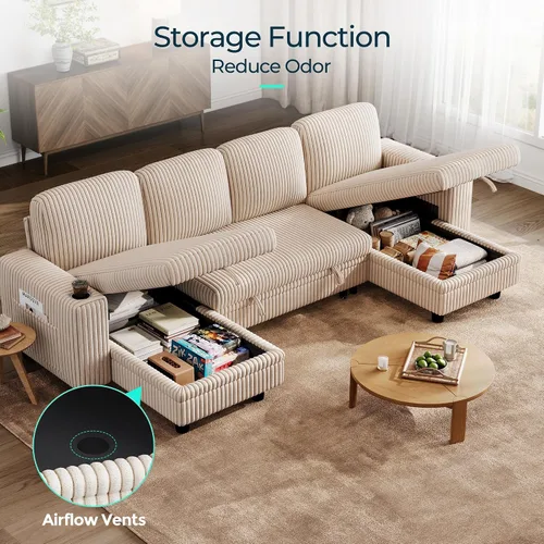 Vista 7 de LINSY HOME - Sofá cama extraíble modular con sección para dormir, con almacenamiento, sofá seccional de pana mullida para sala de estar, sofá cama