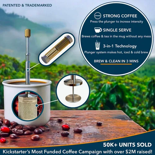 Vista 5 de FinalPress Cafetera y té original, prensa micro francesa portátil de acero inoxidable, tecnología patentada 3 en 1 para preparar bebidas calientes