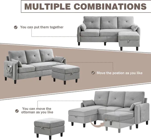 Vista 4 de Sofá modular convertible, sofá pequeño de 3 plazas en forma de L de 77 pulgadas con diván de almacenamiento reversible, sofá moderno de tela