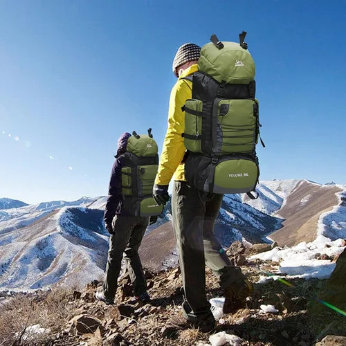 Vista 2 de Mochila de senderismo de 90L, bolsa de camping impermeable con cubierta de lluvia, mochila ligera para mochileros, sin marco
