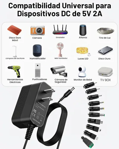 Vista 2 de Adaptador de corriente 5V 2A Cargador de 5V Fuente de alimentación CC para conmutación regulada con 10 tomas intercambiables para 2000mA 1500mA