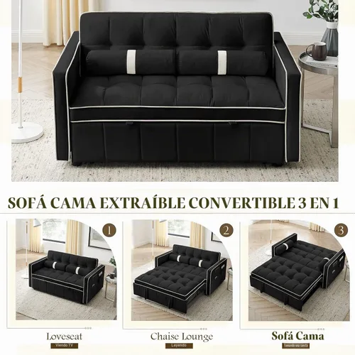 Vista 3 de Sofá cama extraíble, sofá cama de 55.5 pulgadas, con bolsillo lateral, respaldo ajustable y almohada de cintura, adecuado para espacios pequeños