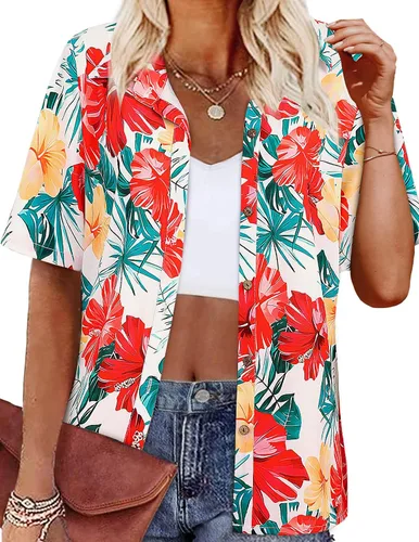 Vista 21 de LILYCHIC Camisas hawaianas de verano con botones de coco para mujer, camisas suaves con botones de manga corta A-hoja floral negra