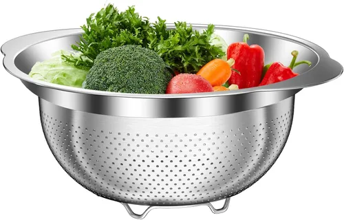 Vista 11 de Colador de acero inoxidable con tazón para mezclar, lavadora de arroz, colador para cocina, colador de arroz, lavado de frutas y verduras, colador