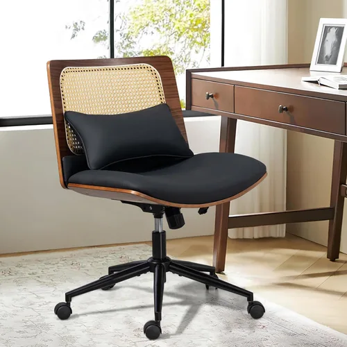 Vista 12 de Silla de oficina moderna sin brazos de nogal con ruedas, silla ejecutiva de cuero PU ajustable de giro amplio, silla de computadora ergonómica