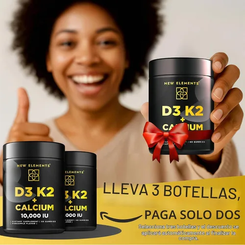 Vista 3 de New Elements Gomitas de vitamina D3 K2 de 10000 UI con calcio 100 mg - VIT D3 para adultos - Vitamina K2 Mk7 100mcg - Suplemento de vitamina D